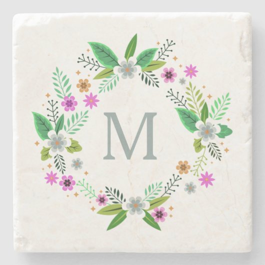 Ihr Monogramm in Blume-Rahmen-Untersetzer Steinuntersetzer (Vorderseite)
