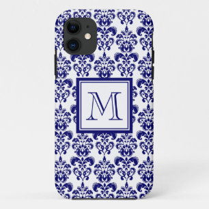 Ihr Monogramm, Marine-Blau-Damast-Muster 2 Case-Mate iPhone Hülle