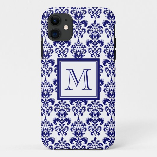 Ihr Monogramm, Marine-Blau-Damast-Muster 2 Case-Mate iPhone Hülle (Rückseite)