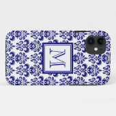 Ihr Monogramm, Marine-Blau-Damast-Muster 2 Case-Mate iPhone Hülle (Rückseite (Horizontal))