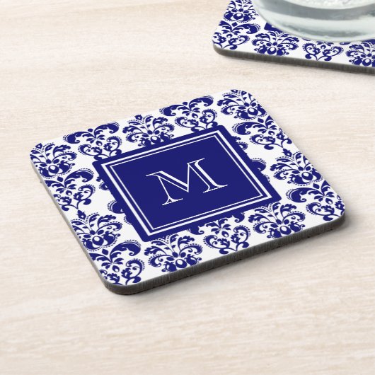 Ihr Monogramm, Marine-Blau-Damast-Muster 2 Getränkeuntersetzer (Linke Seite)