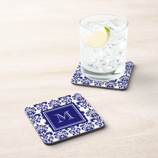 Ihr Monogramm, Marine-Blau-Damast-Muster 2 Getränkeuntersetzer (Rechte Seite)