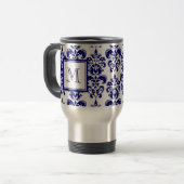 Ihr Monogramm, Marine-Blau-Damast-Muster 2 Reisebecher (Vorderseite Links)