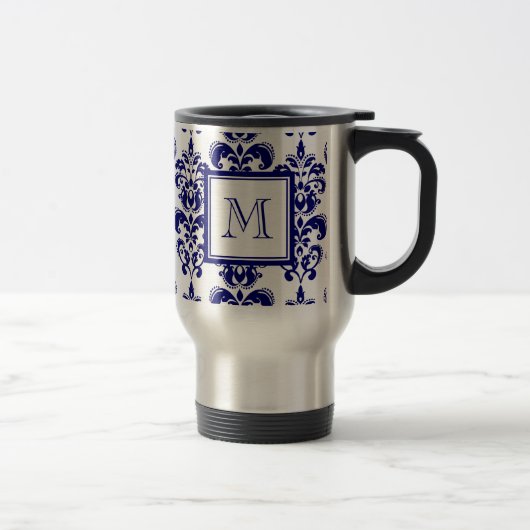Ihr Monogramm, Marine-Blau-Damast-Muster 2 Reisebecher (Rechts)