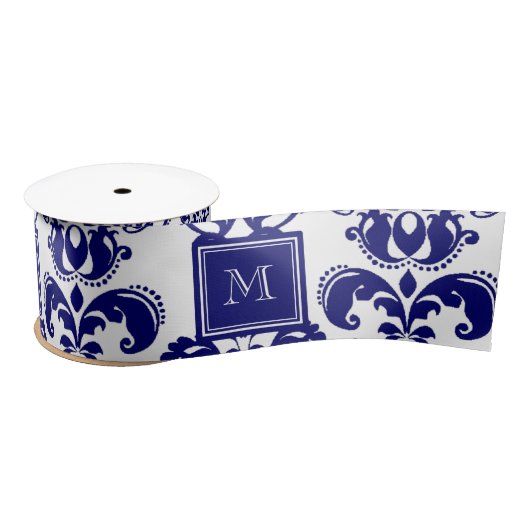 Ihr Monogramm, Marine-Blau-Damast-Muster 2 Satinband (Spule)