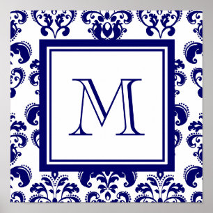 Ihr Monogramm, Navy Blau Damast-Muster 2 Poster