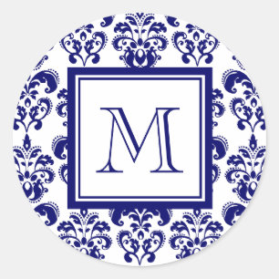 Ihr Monogramm, Navy Blau Damast-Muster 2 Runder Aufkleber