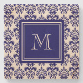 Ihr Monogramm, Navy Blau Damast-Muster 2 Steinuntersetzer (Vorderseite)