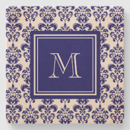 Ihr Monogramm, Navy Blue Damask Muster 2 Steinuntersetzer