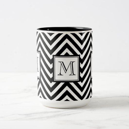IHR MONOGRAMM, SCHWARZES ZICKZACK ZWEIFARBIGE TASSE (Mittel)