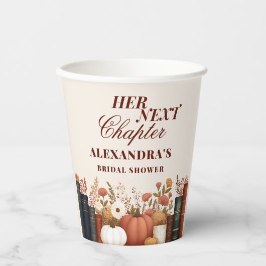 Ihr nächstes Kapitel Herbstbuch Brautparty Pappbecher (Vorderseite)