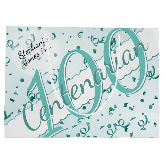 Ihr Name - 100 Jahre Aquamarin/weiß Große Geschenktüte (Rückseite)