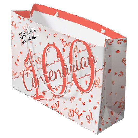 Ihr Name - 100 Jahre Jahrhundertkoralle/Weiß Große Geschenktüte (Rückseite Schrägansicht)