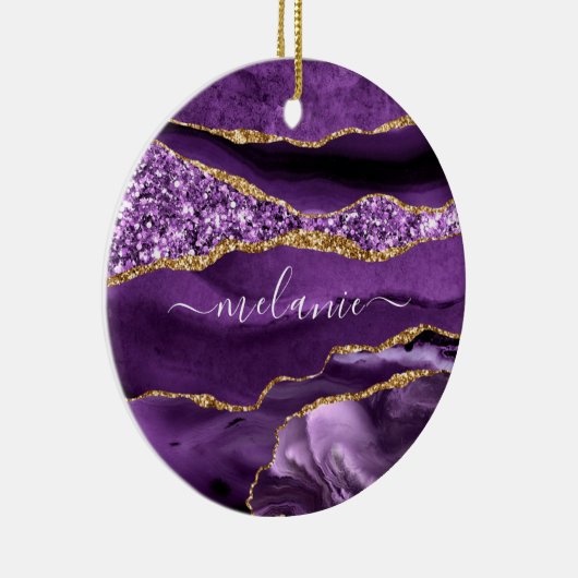 Ihr Name Agate Lila Violet Gold Glitzer Marmor Keramik Ornament (Rechts)