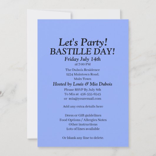 Ihr Name, Bastille Day 14. Juli Französisches Part Einladung (Rückseite)