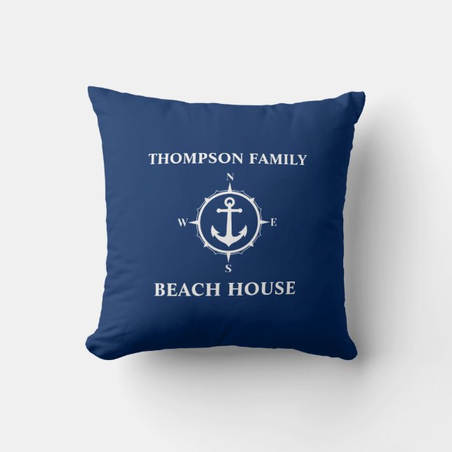 Ihr Name Beach House Compass Anchor Blue Kissen (Vorderseite)