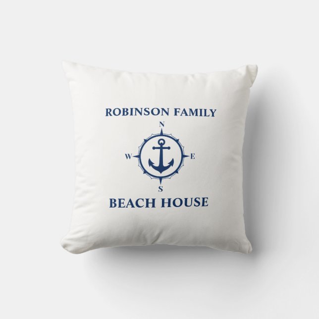 Ihr Name Beach House Compass Anchor White Kissen (Vorderseite)