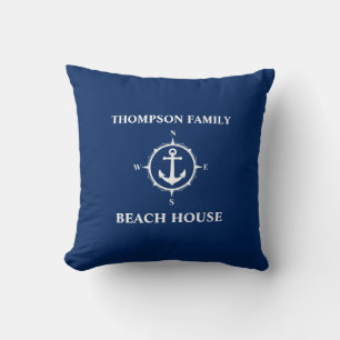 Ihr Name Beach House Compass Anker Blue Kissen