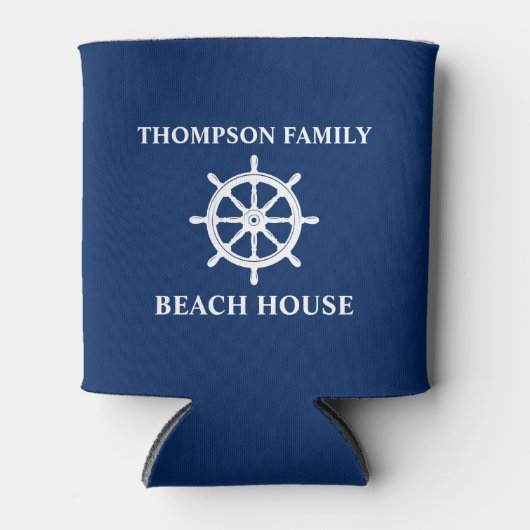 Ihr Name Beach House Ships Wheels Helm Navy Blue Dosenkühler (Vorderseite)