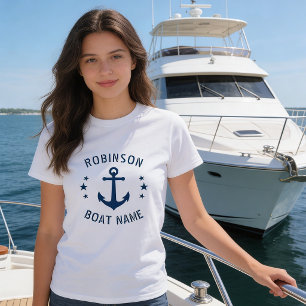 Ihr Name & Boot Vintag Anchor Stars Blue & White T-Shirt
