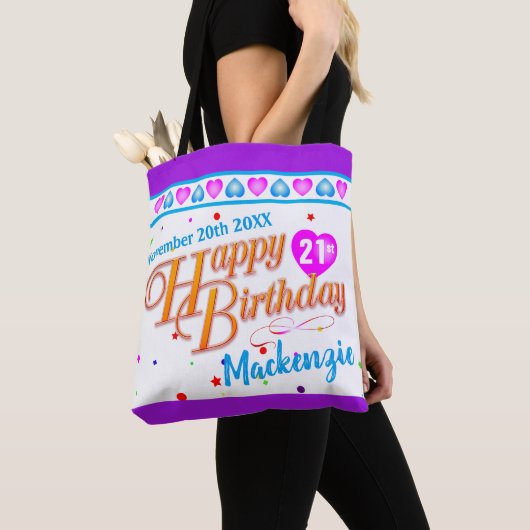 Ihr Name Datum und Alter auf Happy Birthday 2 Seit Tasche (Von Nahem)