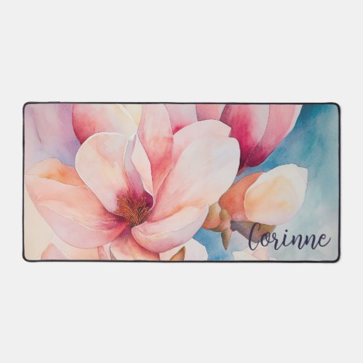 Ihr Name Elegant Rosa Magnolia Blüten Schreibtischunterlage (Vorderseite)