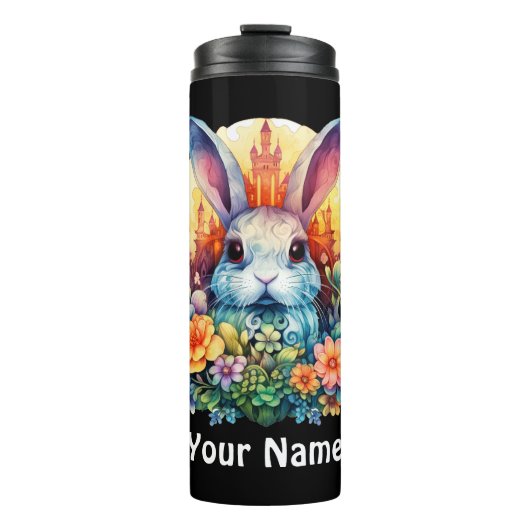 Ihr Name Fluffy Bunny und Blume Thermosbecher (Vorderseite)