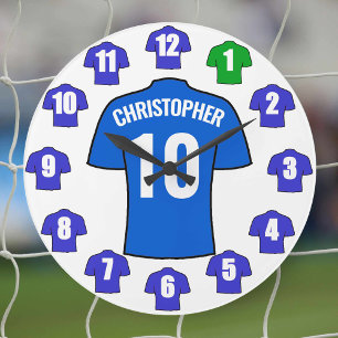 Ihr Name Fußball-Uhr - Blaue Shirts Große Wanduhr