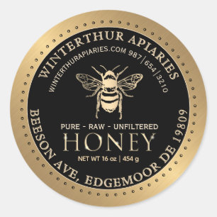 Ihr Name hier Editable Gold Bee Honey auf Black Runder Aufkleber