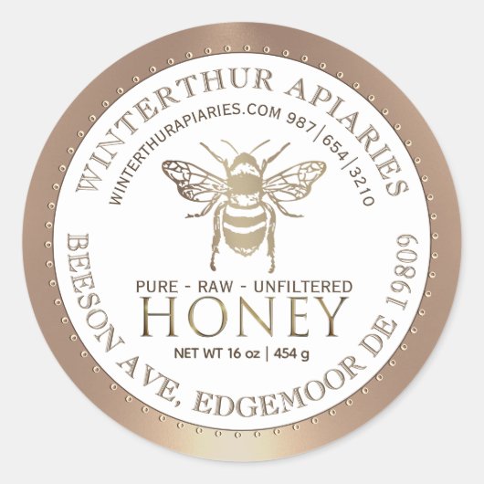 Ihr Name hier Editable Gold Honey Jar Bee Label Runder Aufkleber (Vorderseite)
