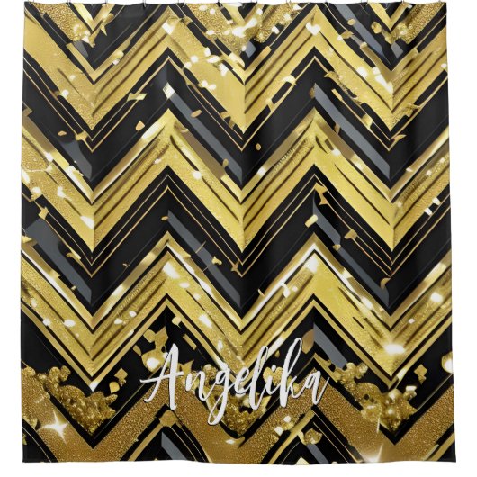 Ihr Name hier in Zickzack Schwarz und Gold Duschvorhang (Vorderseite)