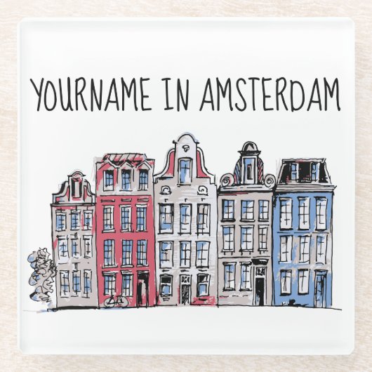 Ihr Name in Amsterdam Wasserfront Damrak Gebäude Glasuntersetzer (Vorderseite)