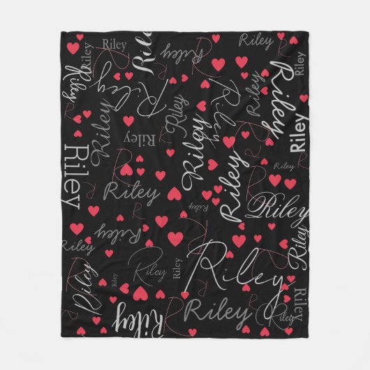 Ihr Name Initial & Red Hearts überall in Black Fleecedecke (Vorderseite)