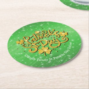 Ihr Name Message St Patricks Day Gold Kleeblatt Runder Pappuntersetzer