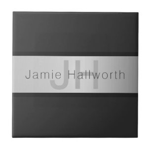 Ihr Name & Monogramm   Grautöne & Faux-Silber-Look Fliese