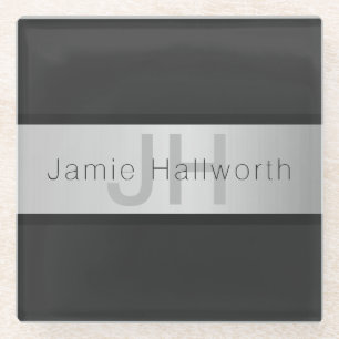 Ihr Name & Monogramm Grautöne & Faux-Silber-Look Glasuntersetzer