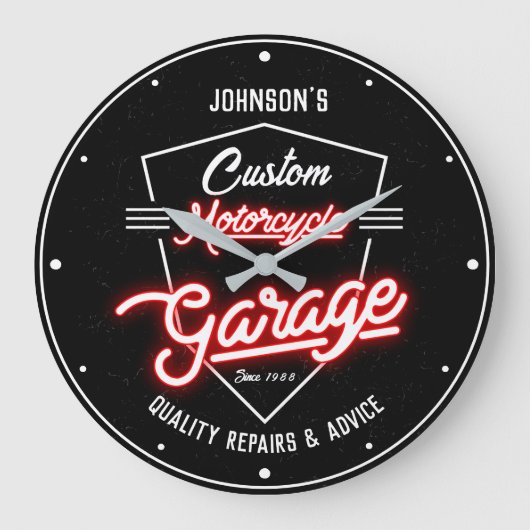 Ihr Name Motorrad Garage Slogan Imitate Red Neon Große Wanduhr (Vorderseite)