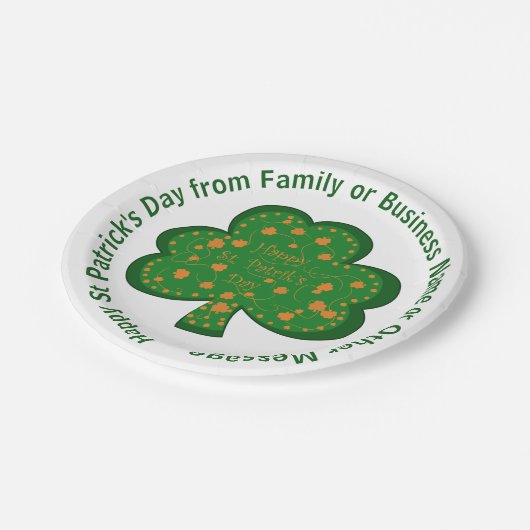 Ihr Name Nachricht St Patricks Day Green Kleeblatt Pappteller (Schrägansicht)