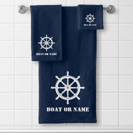 Ihr Name oder Boot Nautical Ships Wheel Helm Blue Badhandtuch Set