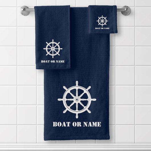Ihr Name oder Boot Nautical Ships Wheel Helm Blue Badhandtuch Set