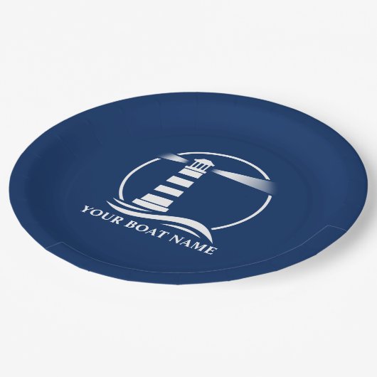 Ihr Name oder Text Lighthouse Navy Blue Pappteller (Schrägansicht)