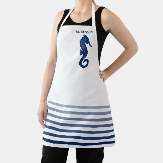 Ihr Name oder Text Seepferd Navy Blue White Stripi Schürze (InSitu)