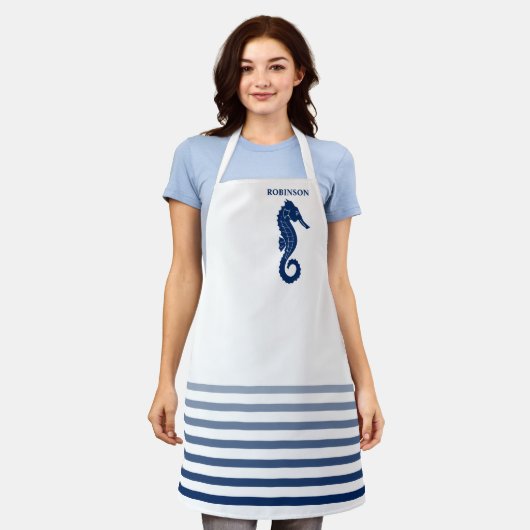 Ihr Name oder Text Seepferd Navy Blue White Stripi Schürze (Getragen)