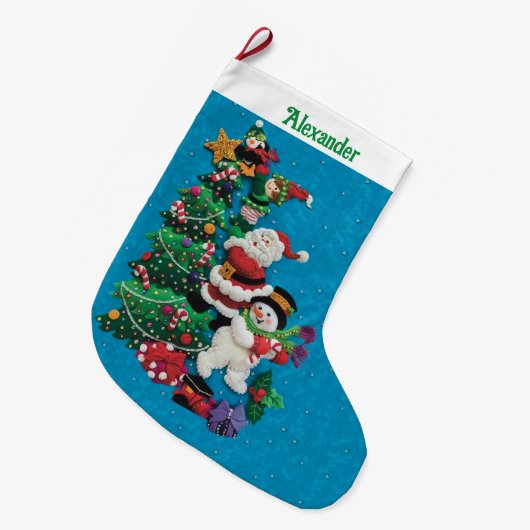 Ihr Name Personalisieren Spaß Santa Snowman Blue G Großer Weihnachtsstrumpf (Vorderansicht (hängend))