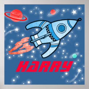 Ihr Name Raketenraumjungs blau rotes Poster