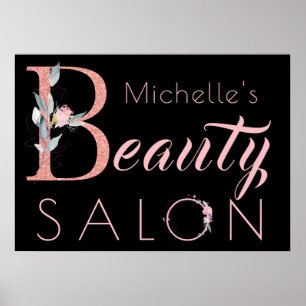 Ihr Name Schönheitssalon Blumen Glitzer rosa schwa Poster