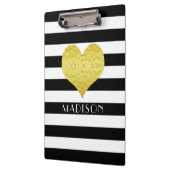 Ihr Name Schwarz-weißes goldenes Herzmuster Klemmbrett (Links)