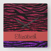 Ihr Name - Tierdruck, Zebra, Glitzer - lila Quadratische Wanduhr (Vorderseite)