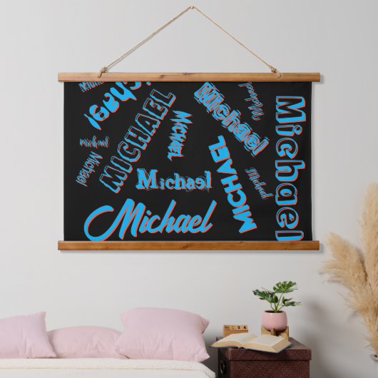 Ihr Namensmuster monogramm blaue schwarze Farbe Wandteppich Mit Holzrahmen (Schlafzimmer)