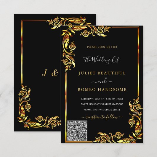 Ihr QR-Code Info Black Gold Wedding Einladung (Vorne/Hinten)